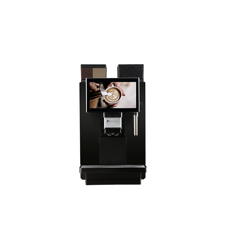Moderner Kaffeevollautomat mit großem Display und Touchscreen-Steuerung.
