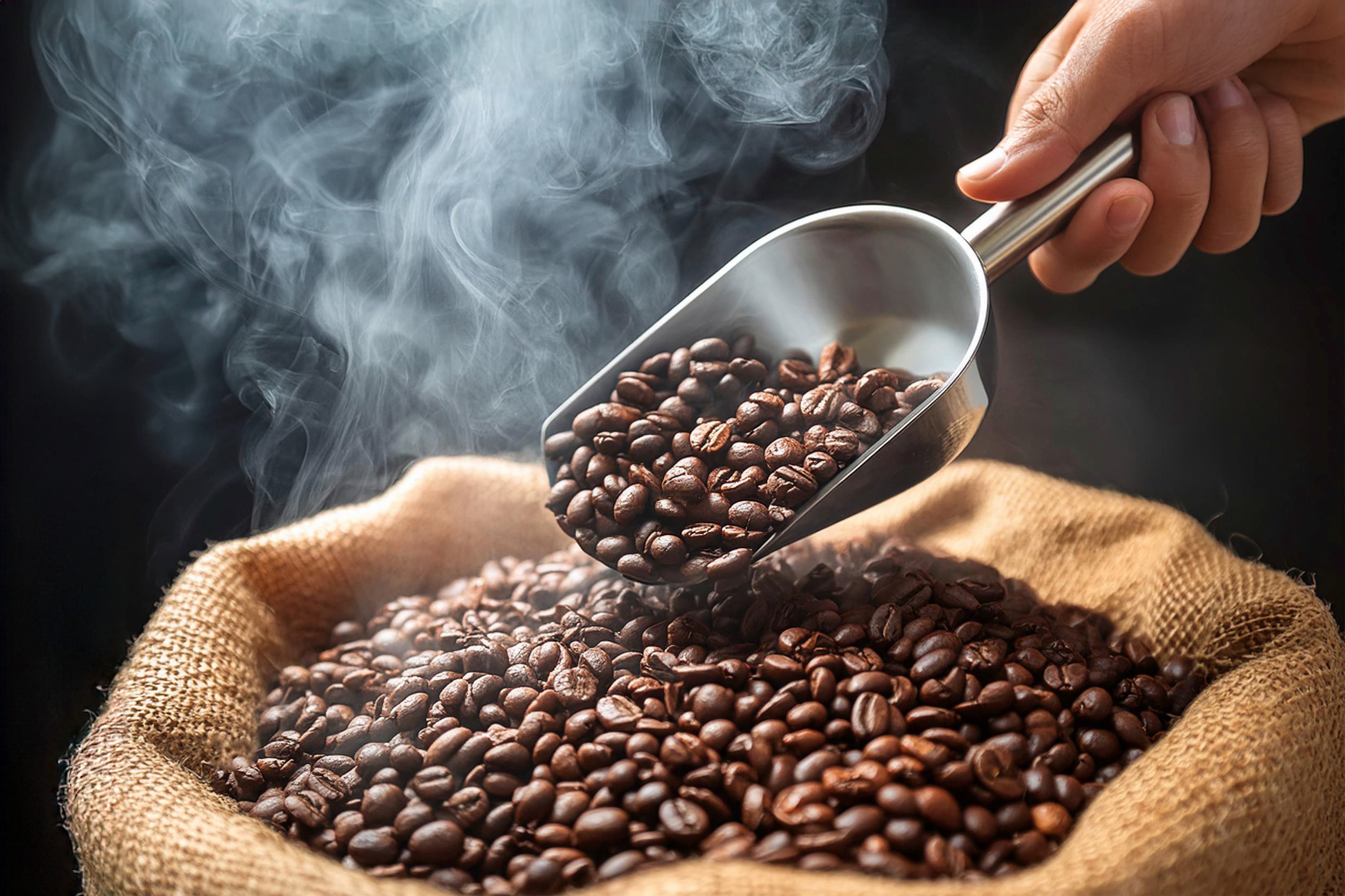 Frisch geröstete Kaffeebohnen dampfen in einem Jutesack mit Metallschaufel.