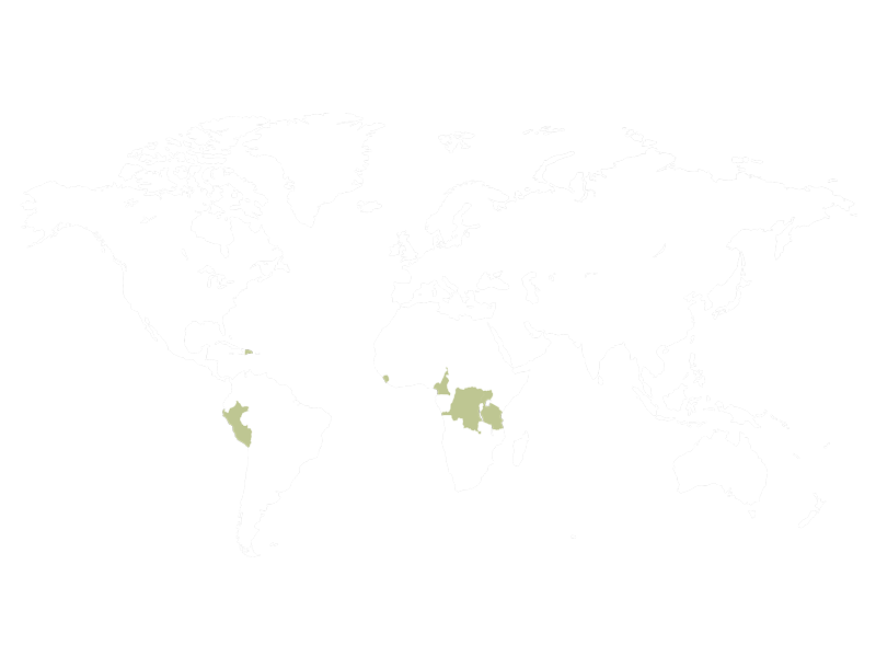 Weltkarte mit markierten Regionen für Kakaoanbau in Südamerika und Afrika.