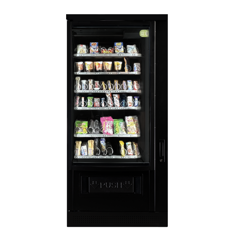 Schwarzer Coffee Perfect Snackautomat mit verschiedenen Getraenkedosen, Snacks und Sueßigkeiten in beleuchtetem Fachdisplay.