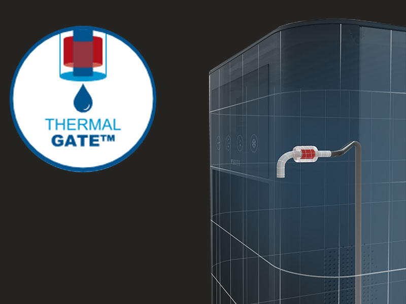 Darstellung der BRITA Thermal Gate Technologie mit Schutzsymbol und Systemgrafik.